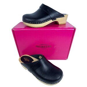 Swedish Hasbeens Women's Husband Black Leather Wooden Sole Clogs SZ EU 36 , US 6